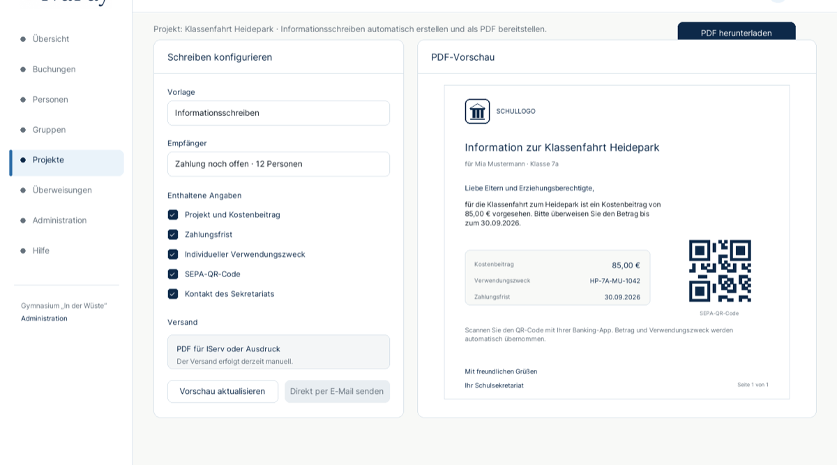 Informationsschreiben: Zahlungserinnerung mit SEPA-QR-Code, fertig als PDF.