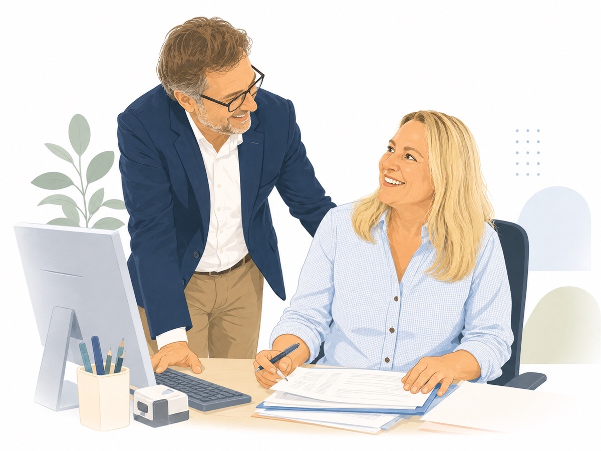 Illustration: Schulleitung und Sekretariat sehen gemeinsam Unterlagen am Schreibtisch durch.